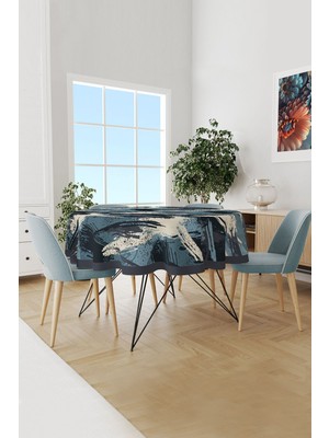 Moud's Blue Brush Desenli Yuvarlak Süet Dertsiz Masa Örtüsü