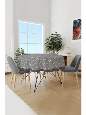 Moud's Gri Ağaç Dalları Desenli Yuvarlak Süet Dertsiz Masa Örtüsü