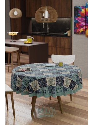 Moud's Ramazan Islamik Kare Desenli Süet Kumaş Dertsiz Yuvarlak Masa Örtüsü Ramadan