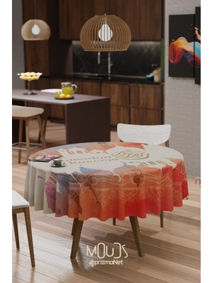 Moud's Turuncu Ramazan Kerim Desenli Süet Kumaş Dertsiz Yuvarlak Masa Örtüsü Ramadan