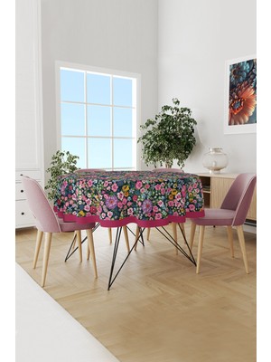 Moud's Violet Desenli Yuvarlak Süet Dertsiz Masa Örtüsü