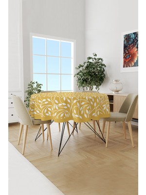 Moud's Sarı Flora Serisi Desenli Yuvarlak Süet Dertsiz Masa Örtüsü