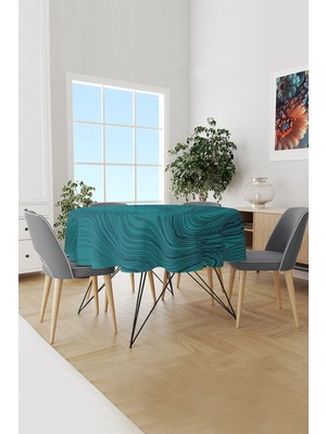 Moud's Turkuaz Dalga Desenli Yuvarlak Süet Dertsiz Masa Örtüsü
