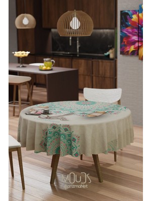Moud's Ramazan Turkuaz Etnik Desenli Süet Kumaş Dertsiz Yuvarlak Masa Örtüsü Ramadan