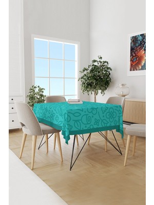 Moud's Turkuaz Flora Serisi Desenli Süet Dertsiz Masa Örtüsü