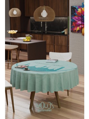 Moud's Ramazan Turkuaz Camii Silüet Desenli Süet Kumaş Dertsiz Yuvarlak Masa Örtüsü Ramadan