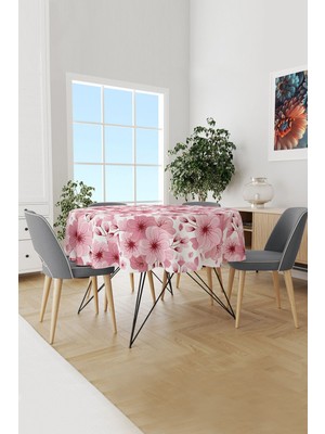 Moud's Pembe Çiçek Desenli Yuvarlak Süet Dertsiz Masa Örtüsü