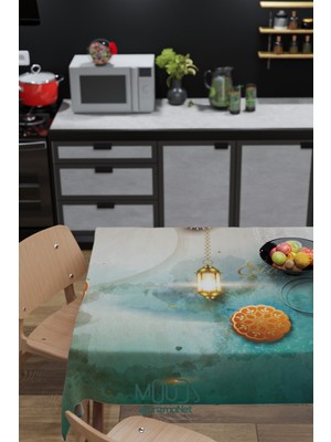 Moud's Ramazan Yeşil Kaligrafi Desenli Süet Kumaş Dertsiz Masa Örtüsü Kare ve Dikdörtgen Ramadan