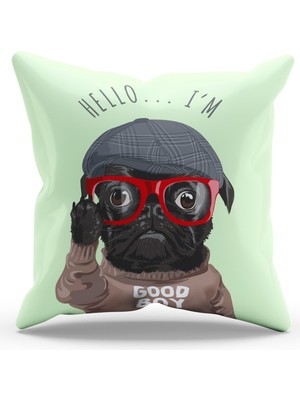 Moud's Çift Tarafı Baskılı Gözlüklü Pug Köpek Desenli Süet Kırlent Kılıfı - PL803