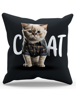 Moud's Çift Tarafı Baskılı Siyah Kedi Desenli Süet Kırlent Kılıfı - PL774