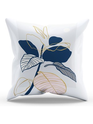 Moud's Çift Tarafı Baskılı Lacivert Altın Yapraklar - 2 Desenli Süet Kırlent Kılıfı