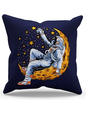 Moud's Çift Tarafı Baskılı Mor Astronot Desenli Süet Kırlent Kılıfı - PL775