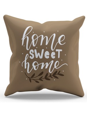 Moud's Çift Tarafı Baskılı Kahverengi Sweet Home Yazı Desenli Süet Kırlent Kılıfı - PL1110