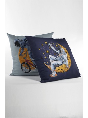 Moud's Çift Tarafı Baskılı Astronot Serisi Desenli 2'li Süet Kırlent Kılıfı