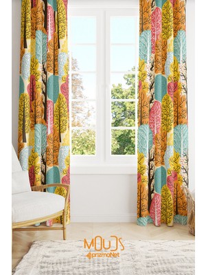 Moud's Renkli Ağaç Desenli Süet Oturma Odası Salon Fon Perde Baskılı Ekstrafor Büzgü 2 Kanat PRD-1090