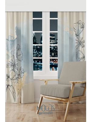 Moud's Mavi Çizgi Çiçek Desenli Süet Oturma Odası Salon Fon Perde Baskılı Ekstrafor Büzgü 2 Kanat PRD-1051