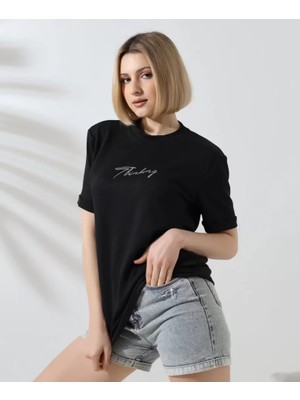 Stil Aura Unisex Bisiklet Yaka Baskılı Slim Fit T-Shirt - Siyah