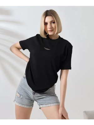 Stil Aura Unisex Bisiklet Yaka Baskılı Slim Fit T-Shirt - Siyah