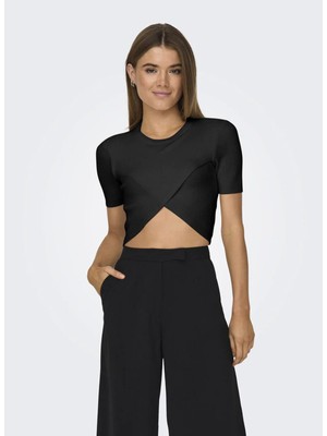 Only O Yaka Düz Siyah Kadın T-Shirt Onlkaı Ss Crop O-Neck Cc Knt