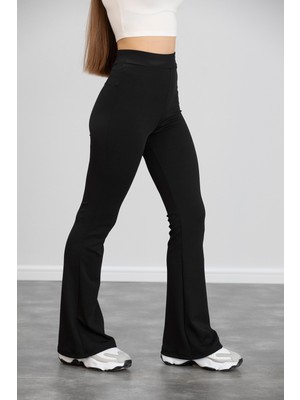 Dream Style Kadın Siyah Ispanyol Paça Krep Kumaş Yüksek Bel Likralı Toparlayıcı Tayt Pantolon