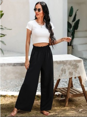 Rengamoda Kadın Beli Lastikli Rahat Kalıp Ayrobin Kumaş Pantolon