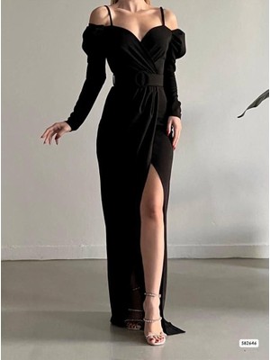 Rengamoda Kadın Omuz Detay Uzun Kol Kemer Dahil Yırtmaçlı Krep Abiye Elbise (Renkli)