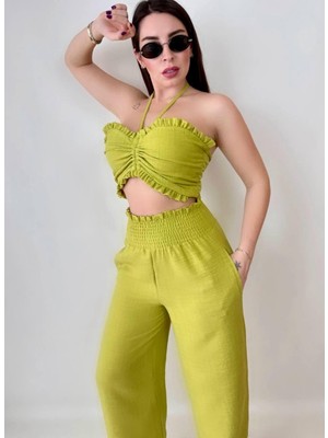 Rengamoda Kadın Keten Kumaş Gipeli Crop ve Pantolon Ikili Takım (Renkli)