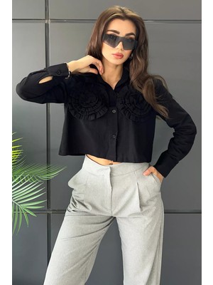 Julude Siyah Çiçekli Keten Crop Top Gömlek P-00010047