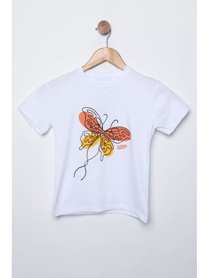 Julude Beyaz Bisiklet Yaka Kelebek Nakışlı Kız Çocuk T-Shirt P-00009793