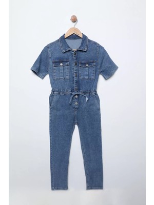 Julude Mavi Önü Düğmeli Beli Bağlamalı Kız Çocuk Jean Kot Tulum P-00009702