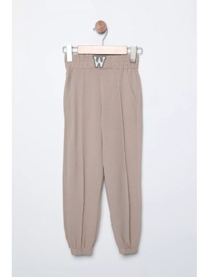 Julude Bej Yüksek Bel Çimalı Bel ve Paça Lastikli Kız Çocuk Nakışlı Pantolon P-00009770