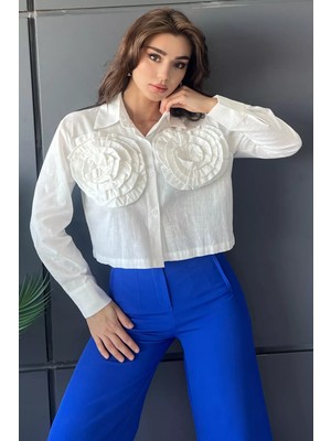 Julude Krem Çiçekli Keten Crop Top Gömlek P-00010047