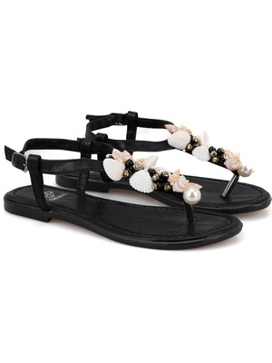 Desa Cassie Siyah Kadın Aksesuarlı Parmak Arası Deri Sandalet