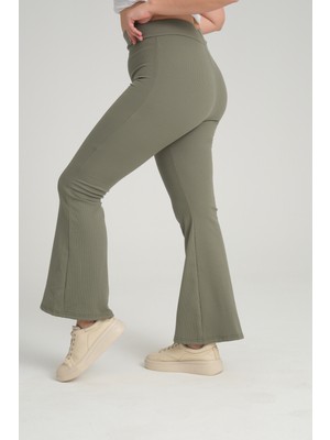 Banega Curve Büyük Beden Fitilli Ispanyol Paça Yüksek Bel Toparlayıcı Haki Tayt