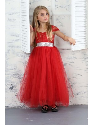 Asortix Kız Çocuk Beli Payetli Sim Desenli Kırmızı Abiye Elbise GELINLIK-ABY-0032