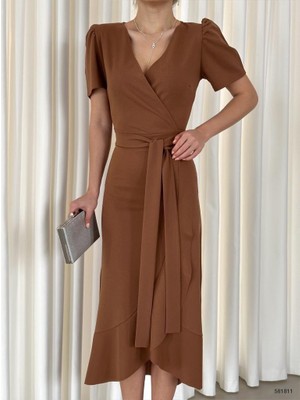 Renga Style  Krep Kumaş Midi Boy Kuşaklı Elbise (Renkli)