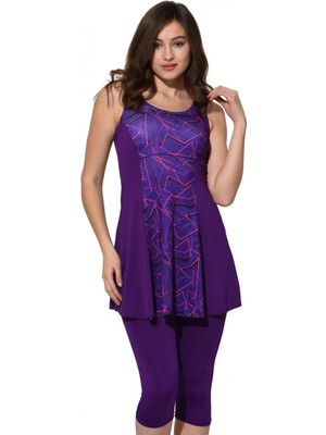 Argisa Desenli Parçalı Taytlı Elbise Mayo 6515 Desenli Mor Büyük Beden