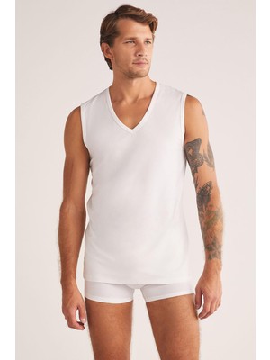 Kom Barny V Yakalı Pamuk 2 Li Erkek Atlet Beyaz