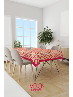 Moud's Bordo Sarı Süsleme Islamik Desenli Süet Kumaş Dertsiz Masa Örtüsü Kare ve Dikdörtgen