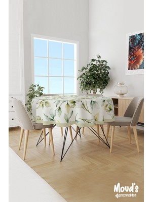 Moud's Yeşil Çiçek Demeti Desenli Yuvarlak Süet Dertsiz Masa Örtüsü