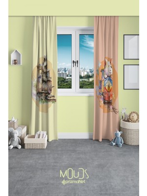 Moud's Ayıcık ve Farecik Desenli Fon Perde Çocuk ve Bebek Odası Süet Baskılı Ekstrafor Büzgü 2 Kanat Prd-63