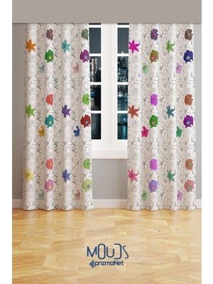Moud's Çiçek Serisi Desenli Süet Oturma Odası Salon Fon Perde Baskılı Ekstrafor Büzgü 2 Kanat PRD-1007