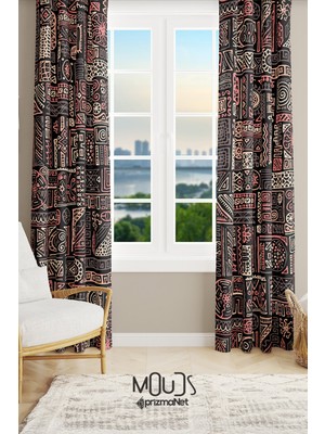 Moud's Hitit Figure 1 Desenli Süet Oturma Odası Salon Fon Perde Baskılı Ekstrafor Büzgü 2 Kanat PRD-1013