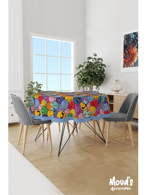 Moud's Emoji Desenli Yuvarlak Süet Dertsiz Masa Örtüsü