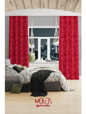 Moud's Kırmızı Pembe Kalpler Desenli Süet Oturma Odası Salon Fon Perde Ekstrafor Büzgü 2 Kanat PRD-1044