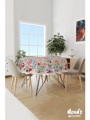 Moud's Renkli Pastel Çiçek Desenli Yuvarlak Süet Dertsiz Masa Örtüsü