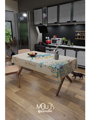 Moud's Ramazan Mavi Kaligrafi Desenli Süet Kumaş Dertsiz Masa Örtüsü Kare ve Dikdörtgen Ramadan