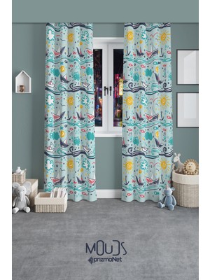 Moud's Kağıt Gemi Desenli Fon Perde Çocuk ve Bebek Odası Süet Baskılı Ekstrafor Büzgü 2 Kanat Prd-57