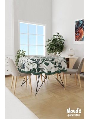 Moud's Koyu Yeşil Çiçekler Desenli Yuvarlak Süet Dertsiz Masa Örtüsü