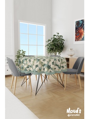 Moud's Yeşil Çiçek Desenli Yuvarlak Süet Dertsiz Masa Örtüsü